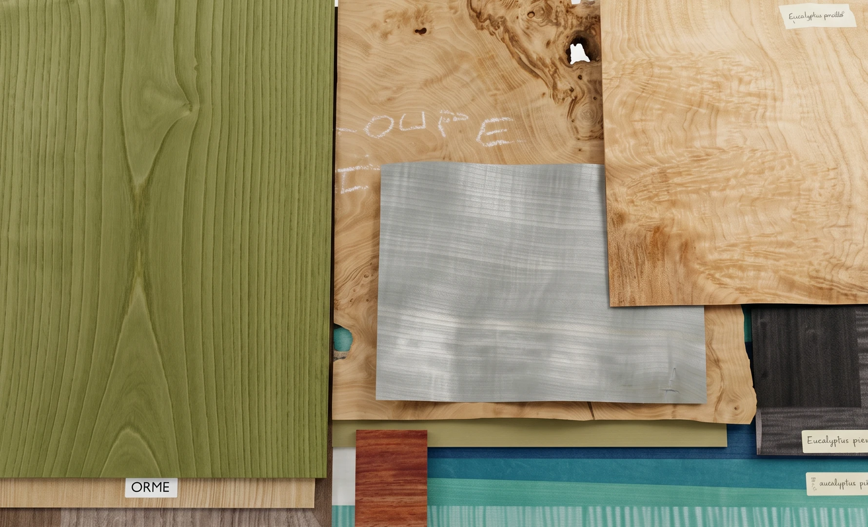 une photo de la création d'un tableau marqueter, à l'étape du choix des essence de bois