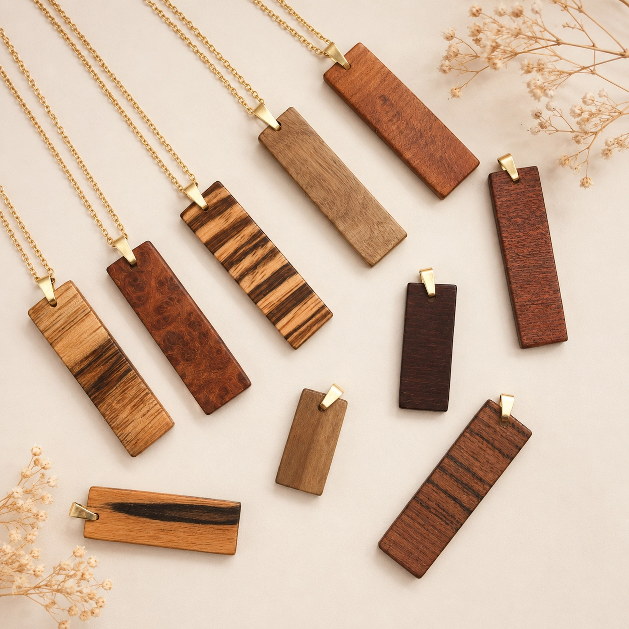 Image d'un ensemble de pendentif en bois naturel.