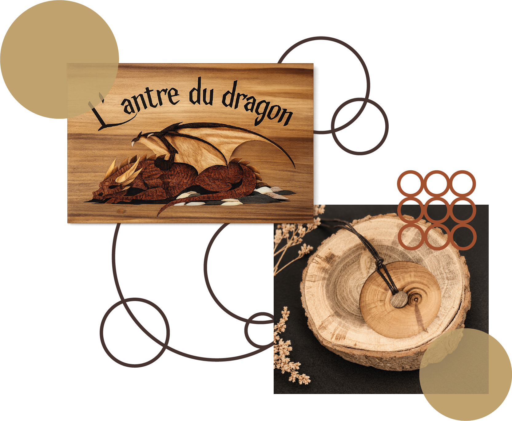 Une photo d'un tableau représentant un dragon et une photo d'un collier décoré par des cercle coloré