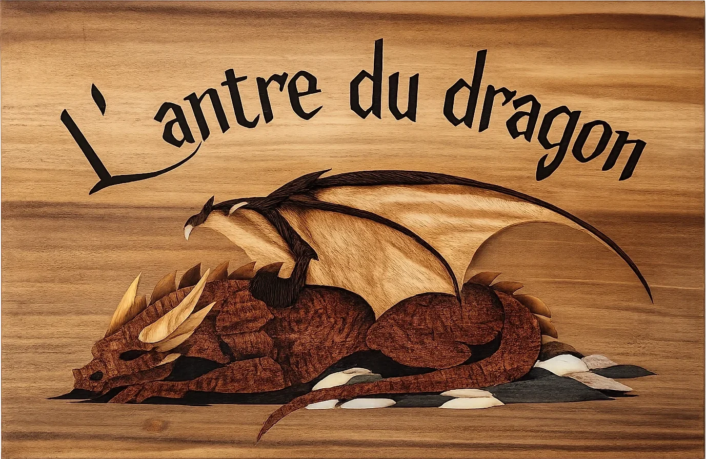 ableau marqueter. il représente un dragon rouge en train de dormir sur des rochet avec son titre : l'antre du dragon écrit au dessus de lui - atelier Aredam