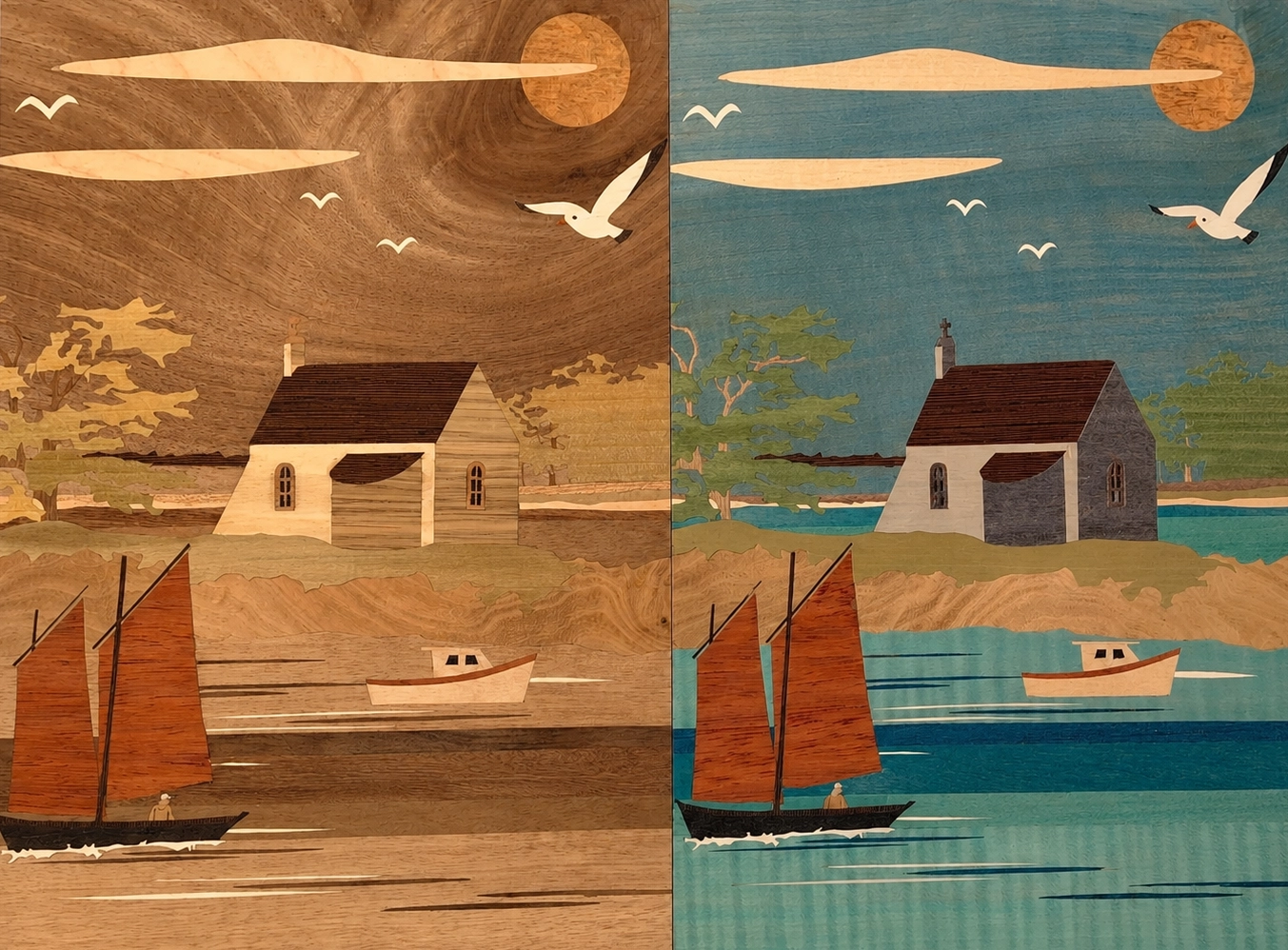 une image de deux tableau marqueter côte à côte. Ils représente le même dessin mais ne sont pas fait avec les même essence de bois